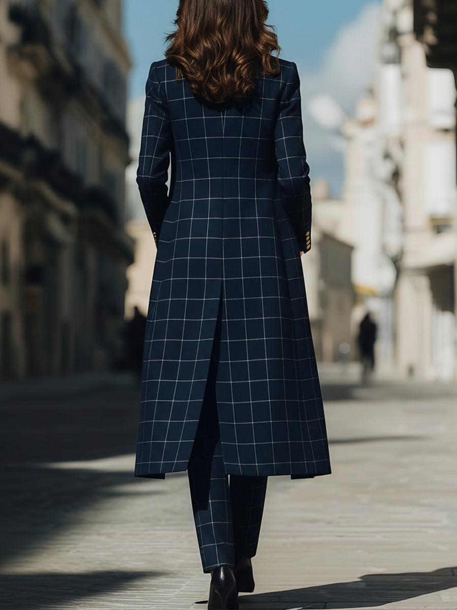 Navy Checkered Three-Piece Suit With Long Coat ZJ