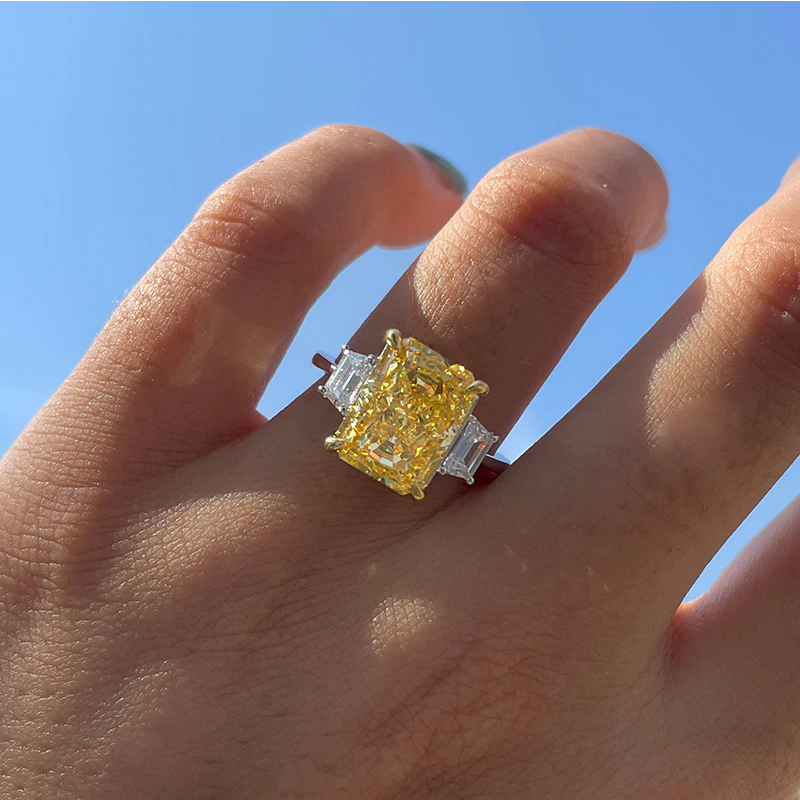 Radiant Cut Two Tone Three Stone Sterling Silver Engagement Ring Shineofdiamond