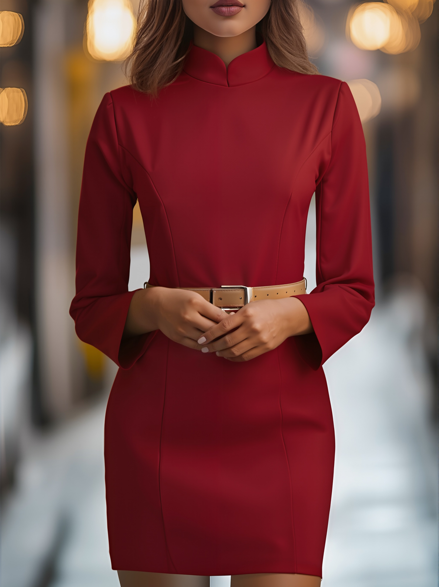 Elegant White Mandarin Collar Dress with Belt Design ZJ