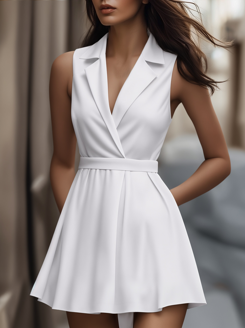 White Pleated Mini Shirt Dress ZJ