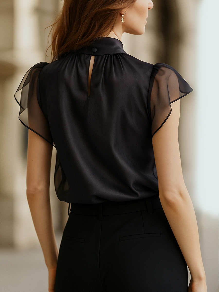 Elegant Black Chiffon High Neck Blouse MLZ