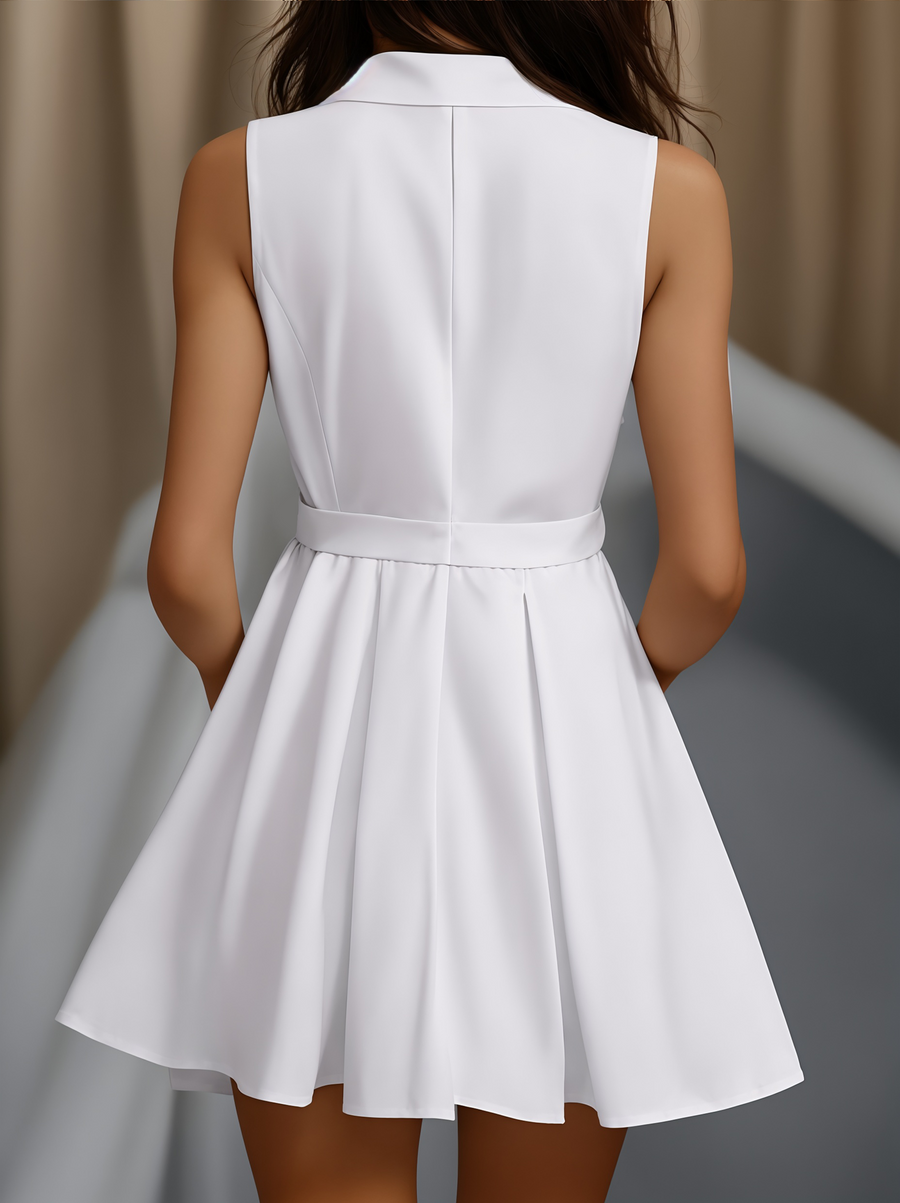 White Pleated Mini Shirt Dress ZJ
