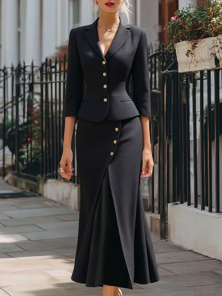 Elegant Textured Buttoned Blazer & Midi Skirt Set HWT