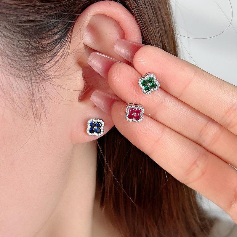 Clover Design Sapphire Stud Earrings in Sterling Silver shine of diamond