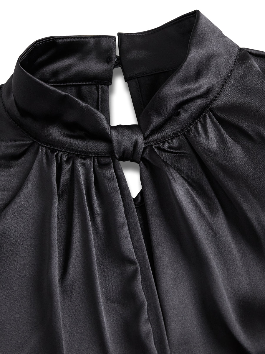 Sophisticated White Satin Blouse with Modern Keyhole Neckline MLZ
