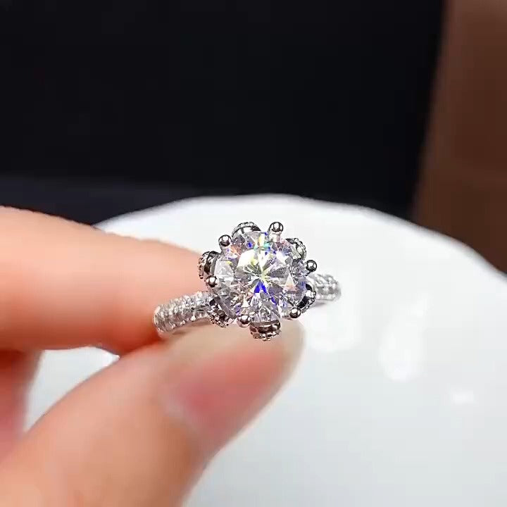 Round Cut Flower Crackling Sterling Silver Engagement Ring shineofdiamond