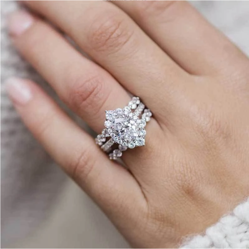 3PCS Oval Cut Sterling Silver Wedding Bridal Set in Sterling Silver Shineofdiamond