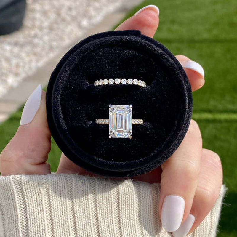 5.0CT Golden Tone Emerald Cut Hidden Halo Wedding Bridal Set Shineofdiamond