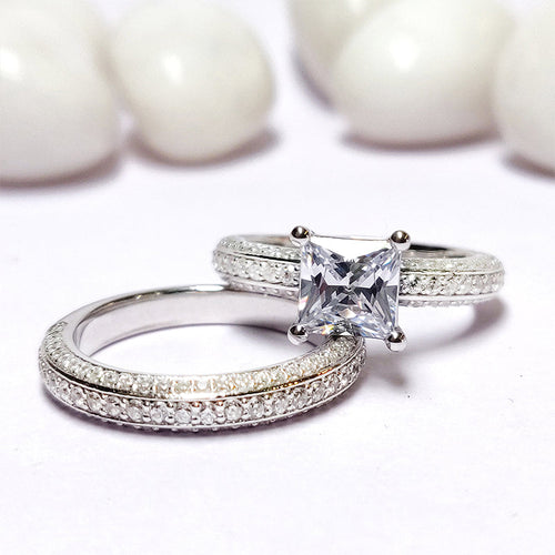 2pcs Triple Row Princess Cut Sterling Silver Bridal Set For Women Shineofdiamond