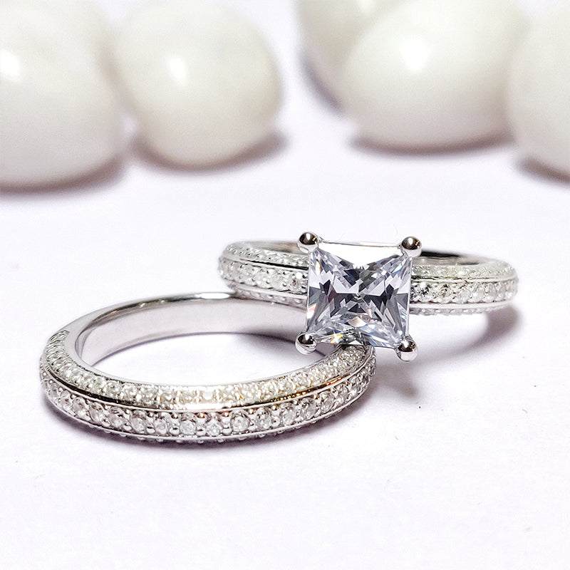 2pcs Triple Row Princess Cut Sterling Silver Bridal Set For Women Shineofdiamond