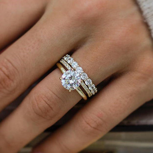 3PCS Golden Tone Round Cut Sterling Silver Wedding Bridal Set Shineofdiamond