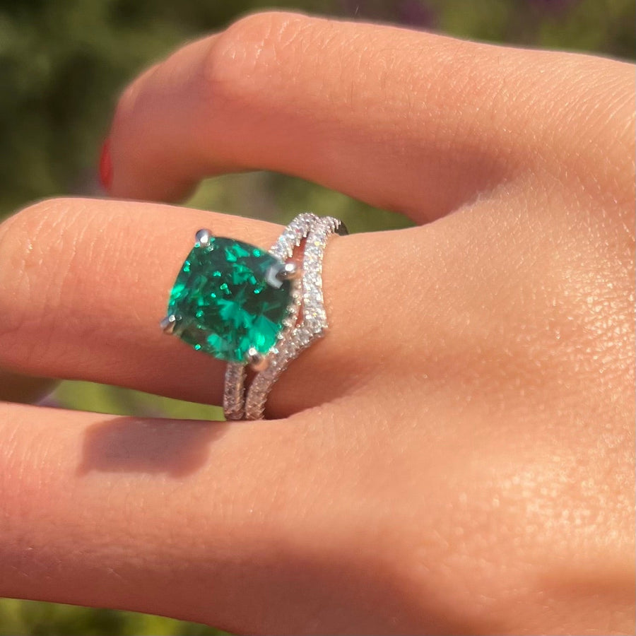 Vintage 2 Pcs Green Cushion Cut Hidden Halo Bridal Sets In Sterling Silver Shine of Diamond
