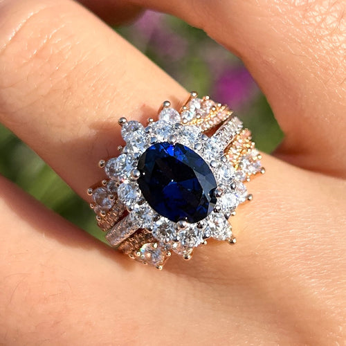 Vintage 2Pcs Blue Oval Cut Halo Sterling Silver Bridal Set Shine of Diamond