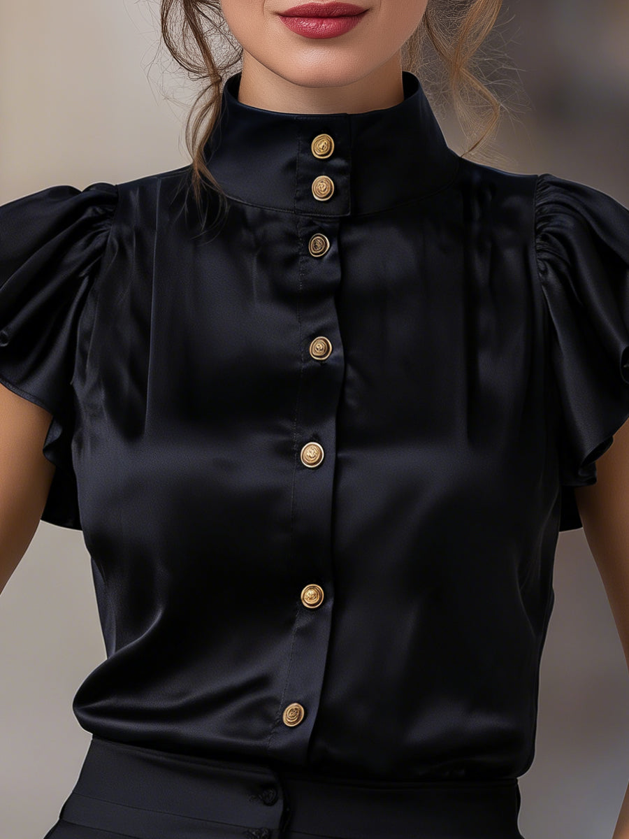 Satin High-Neck Flutter Sleeve Blouse With Gold Buttons MLZ