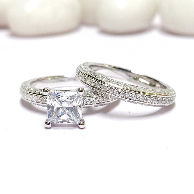 2pcs Triple Row Princess Cut Sterling Silver Bridal Set For Women Shineofdiamond