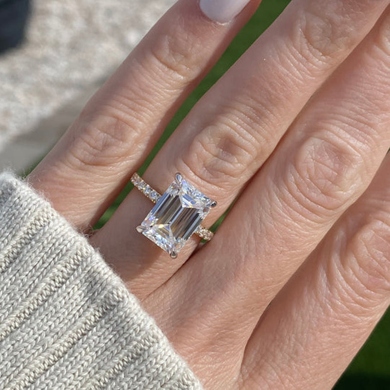 5.0CT Golden Tone Emerald Cut Hidden Halo Wedding Bridal Set Shineofdiamond