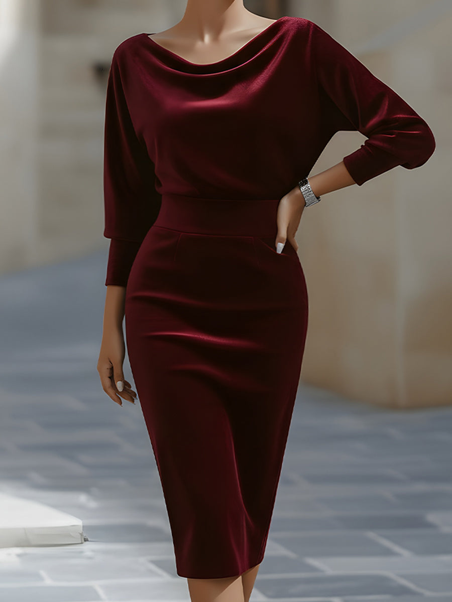Draped Boat-Neck Velvet Pencil Dress XYS