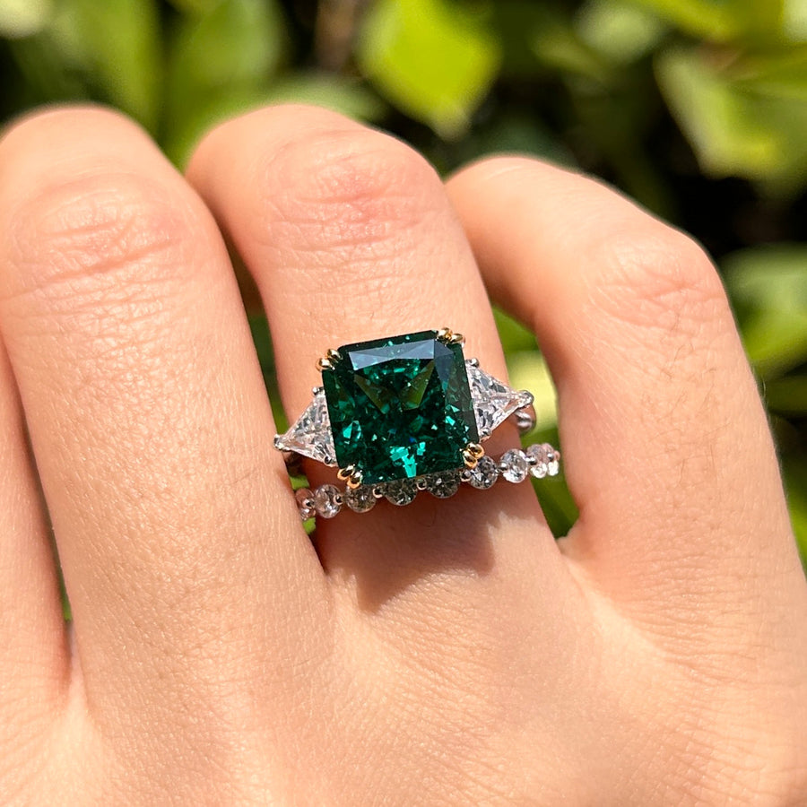 Vintage Emerald Green Radiant Cut Sterling Silver Bridal Set Carly Jewelry