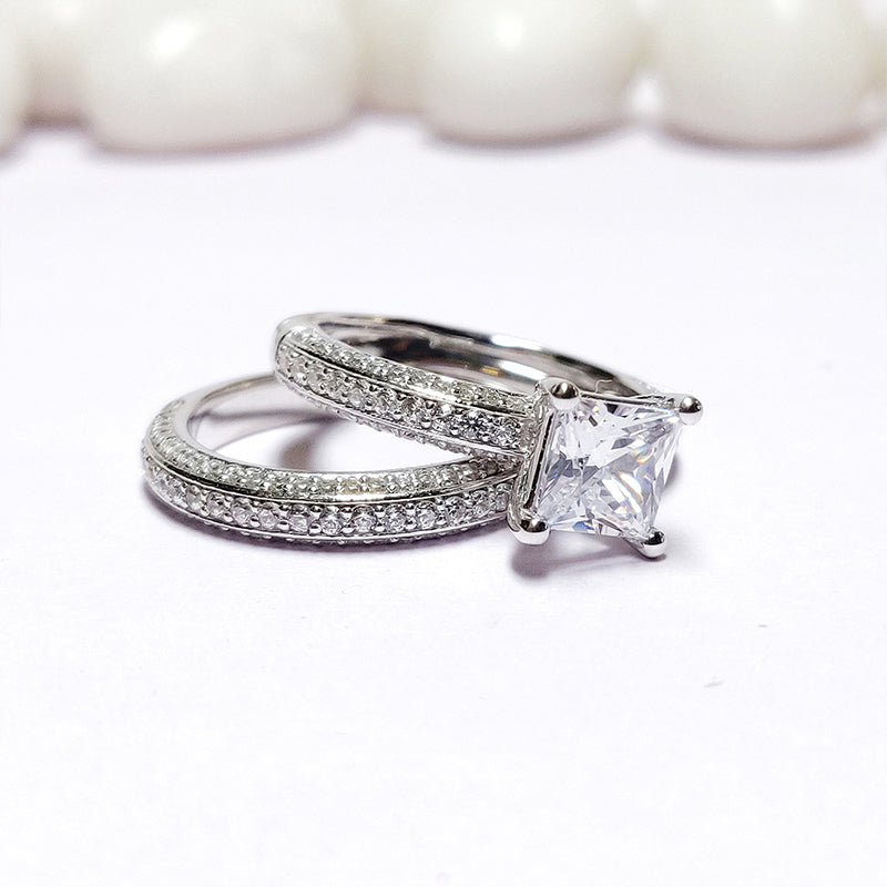 2pcs Triple Row Princess Cut Sterling Silver Bridal Set For Women Shineofdiamond