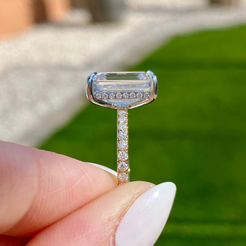 5.0CT Golden Tone Emerald Cut Hidden Halo Wedding Bridal Set Shineofdiamond