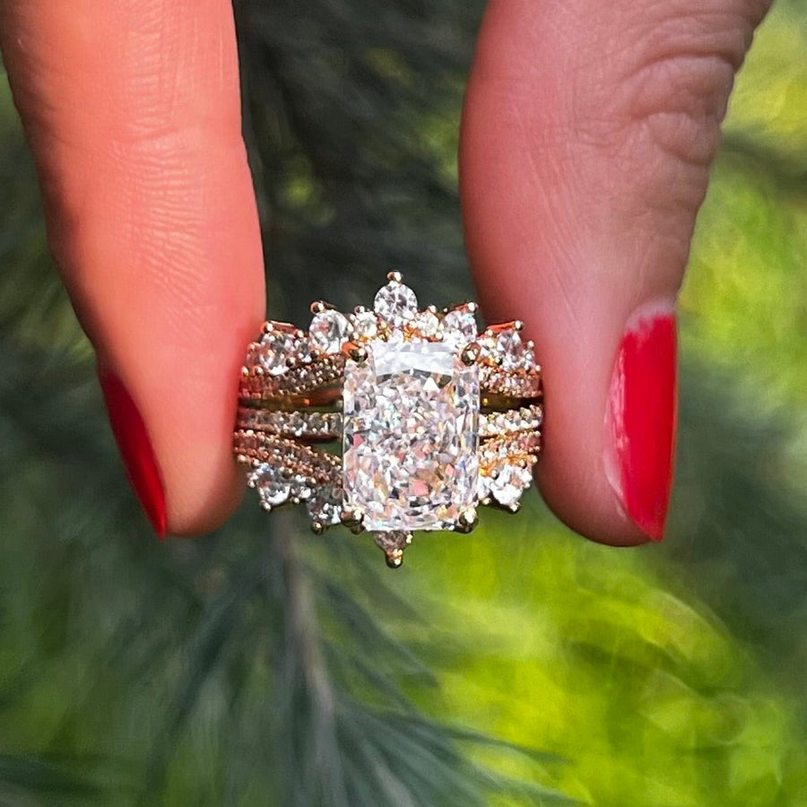 2 Pcs Radiant Cut Insert Wedding Ring Set With Crown-Shaped Band Shine of Diamond