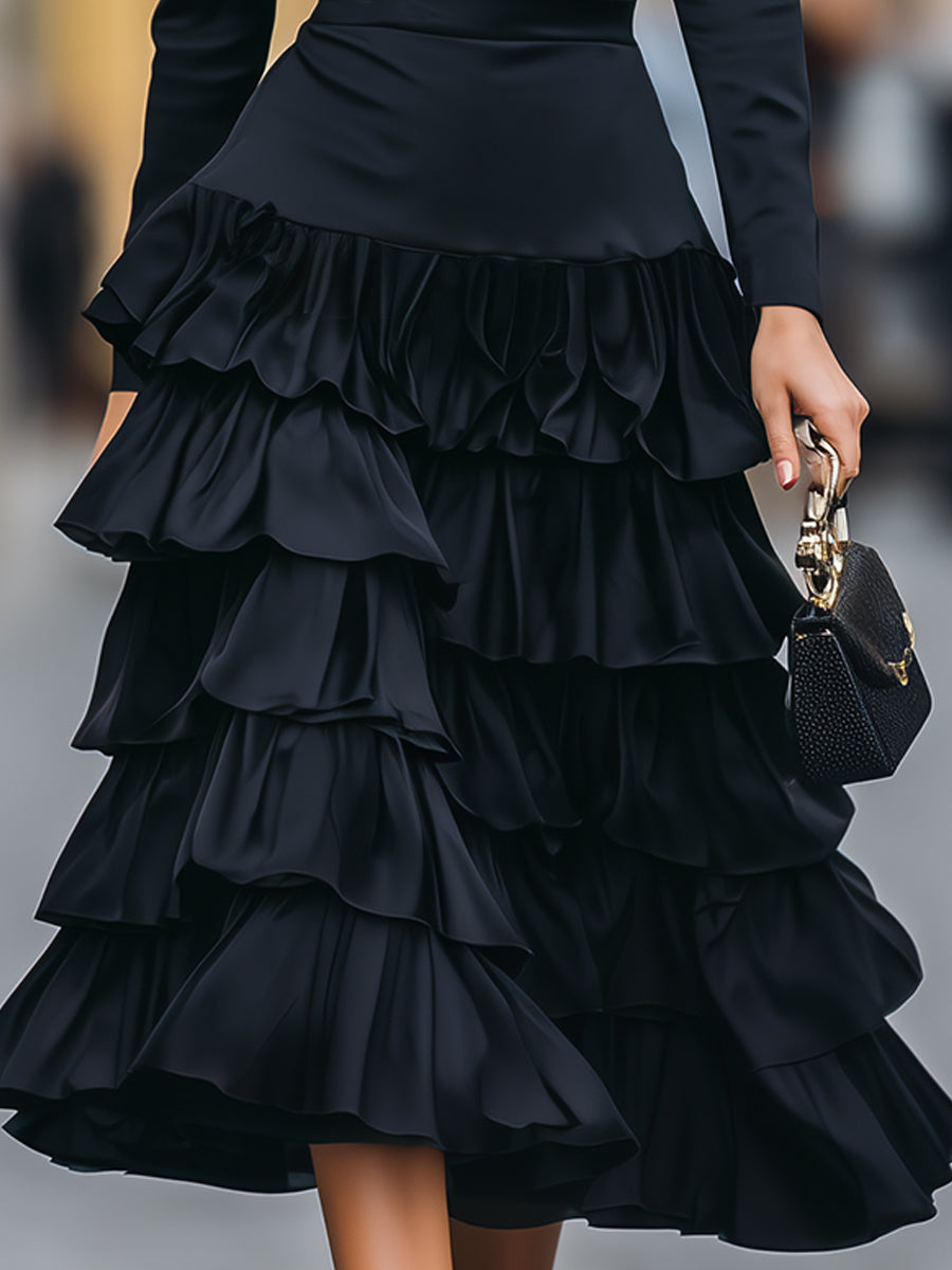 Elegant Mock Neck Tiered Ruffle Midi Dress SN