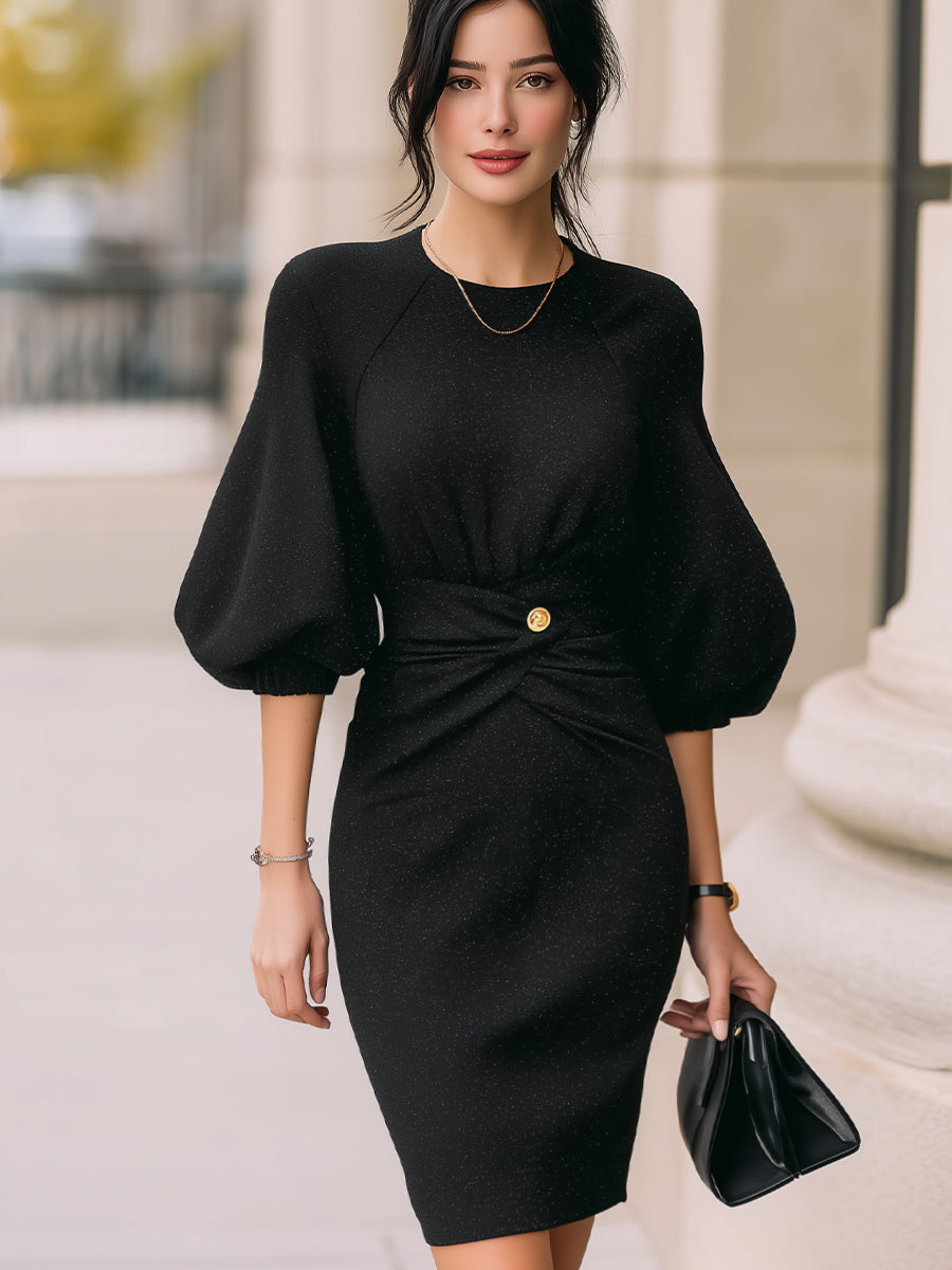 Elegant Sparkle Knit Puff-Sleeve Waist Twist Midi Dress MLZ