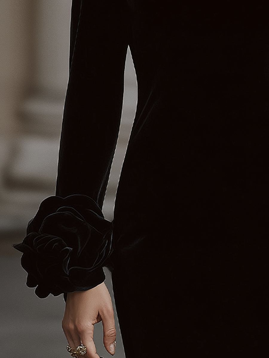 Elegant Velvet Mini Dress With Embellished Neckline And Floral Cuff Detail HWT