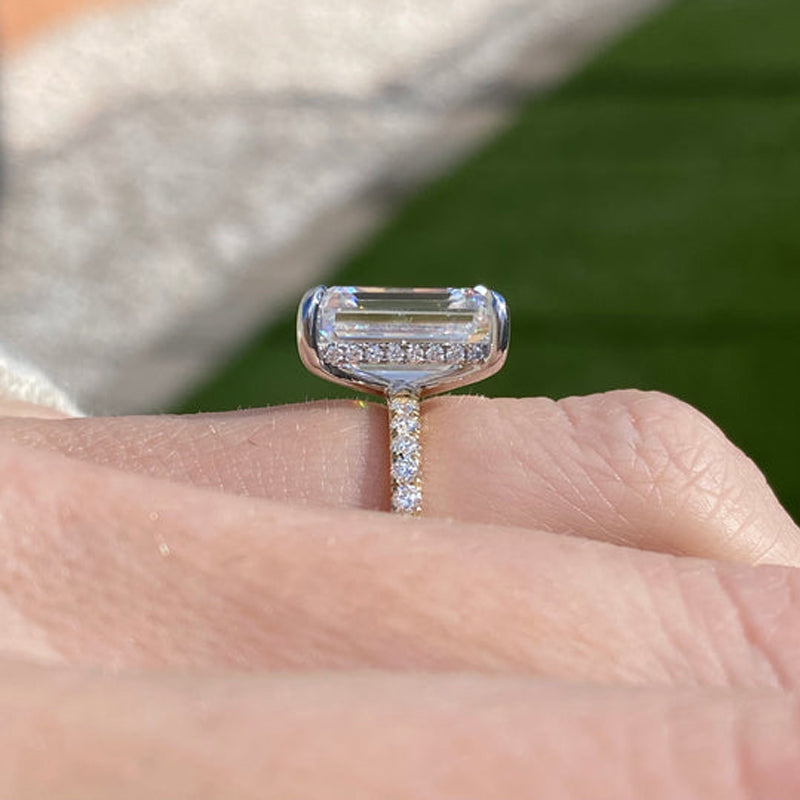 5.0CT Golden Tone Emerald Cut Hidden Halo Wedding Bridal Set Shineofdiamond