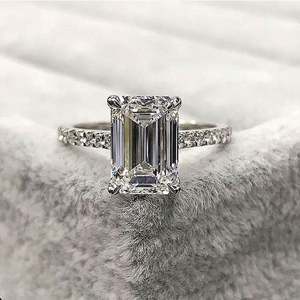 Classic Emerald Cut Engagement Ring In Sterling Silver Shineofdiamond