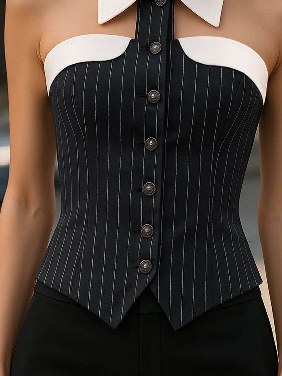 Pinstripe Top With Contrast Collar And Button Front HWT