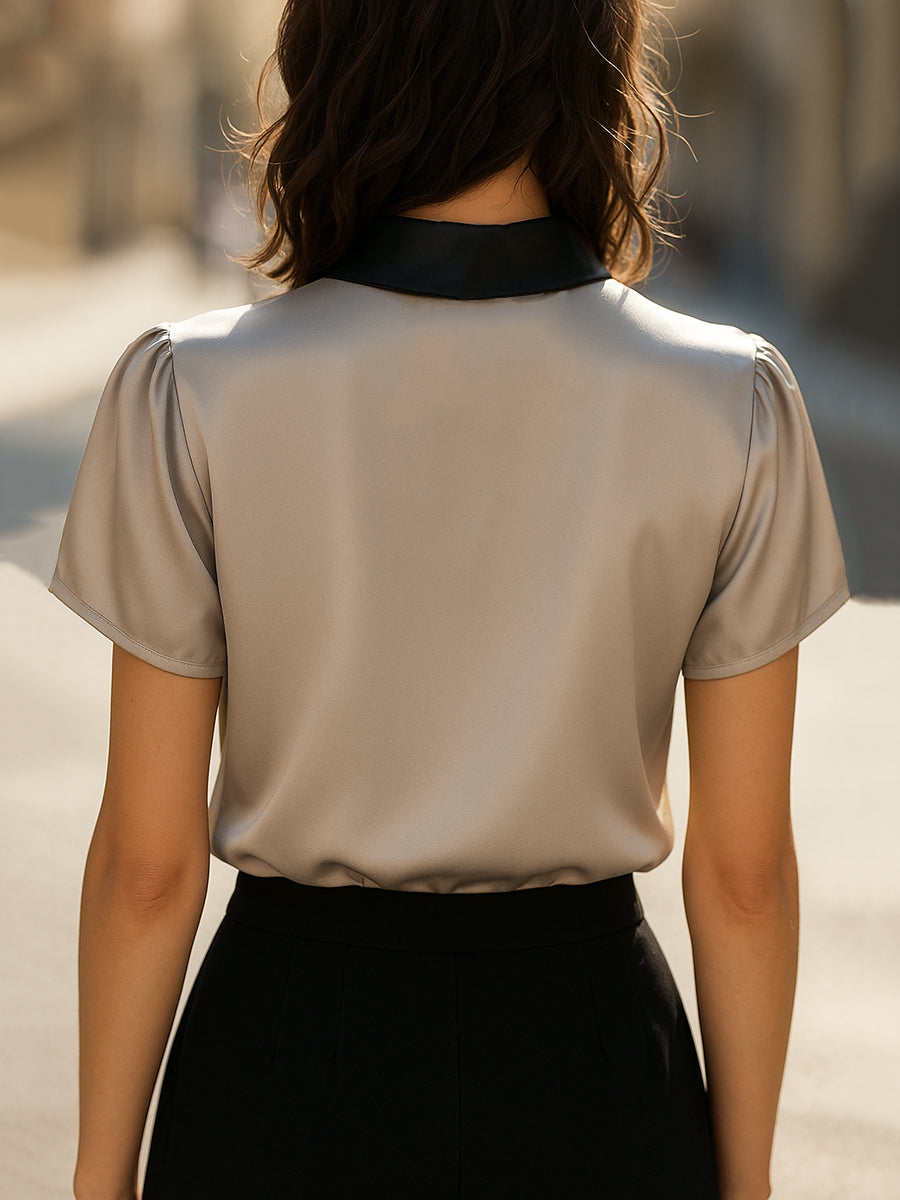 Contrast Collar Satin Keyhole Blouse XYS