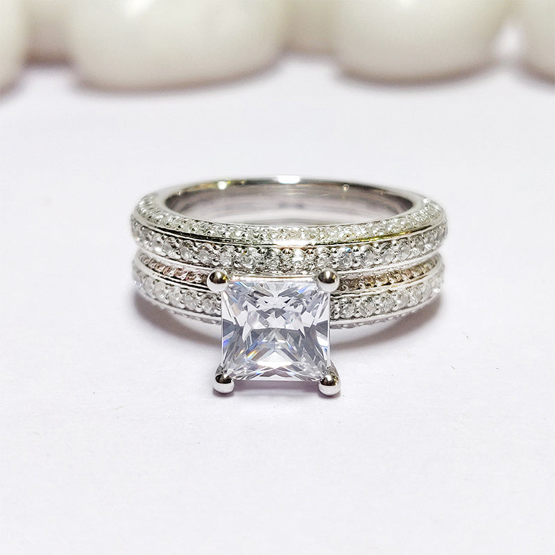 2pcs Triple Row Princess Cut Sterling Silver Bridal Set For Women Shineofdiamond