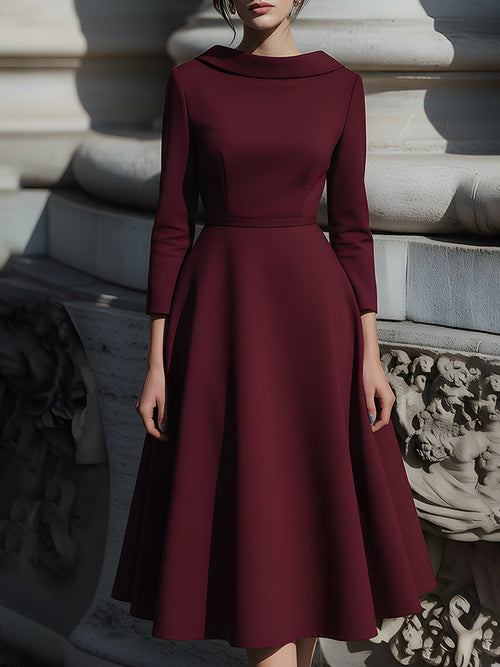 Structured Boat-Neck Burgundy Midi Dress XYS