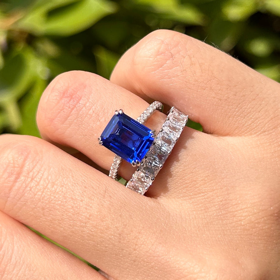 2 Pcs Blue Emerald Cut Bridal Set In Sterling Silver Carly Jewelry
