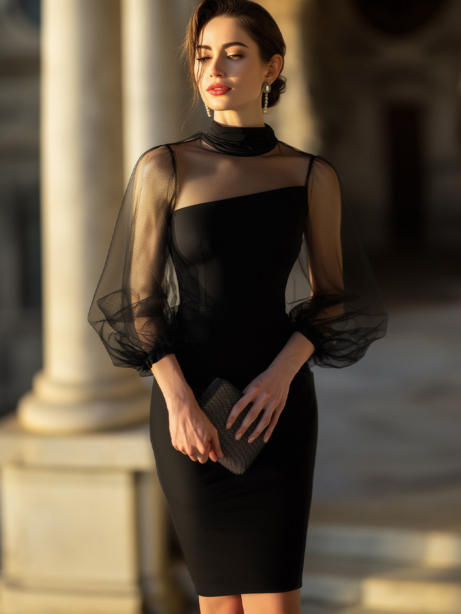 Sheer-Sleeve High-Neck Cocktail Dress XYS