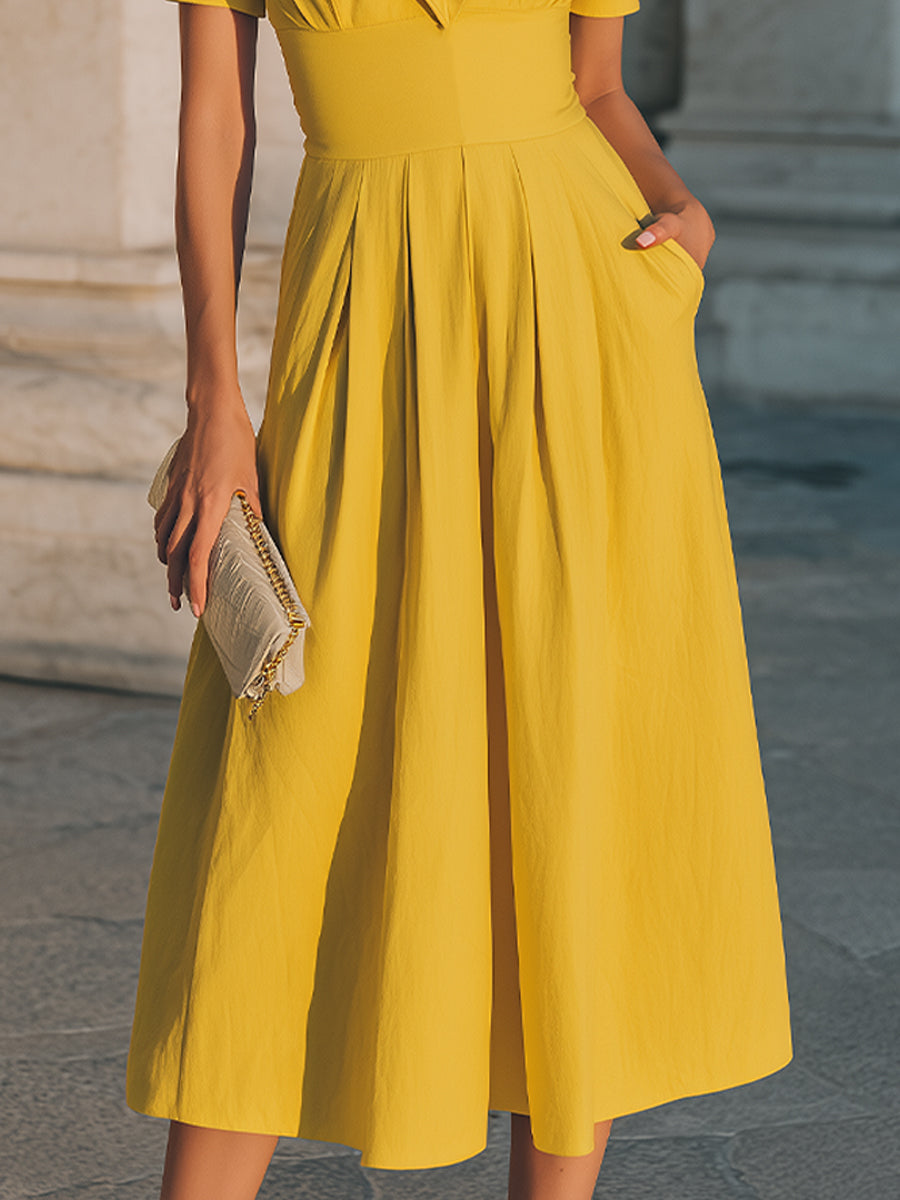 Collared Short-Sleeve Midi Dress With Structured Waist XYS