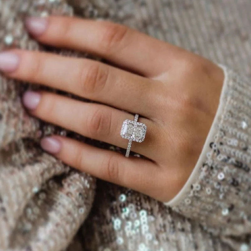 Elegant Hidden Halo Radiant Cut Sterling Silver Engagement Ring Shineofdiamond
