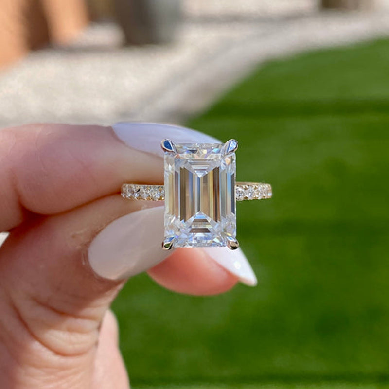 5.0CT Golden Tone Emerald Cut Hidden Halo Wedding Bridal Set Shineofdiamond