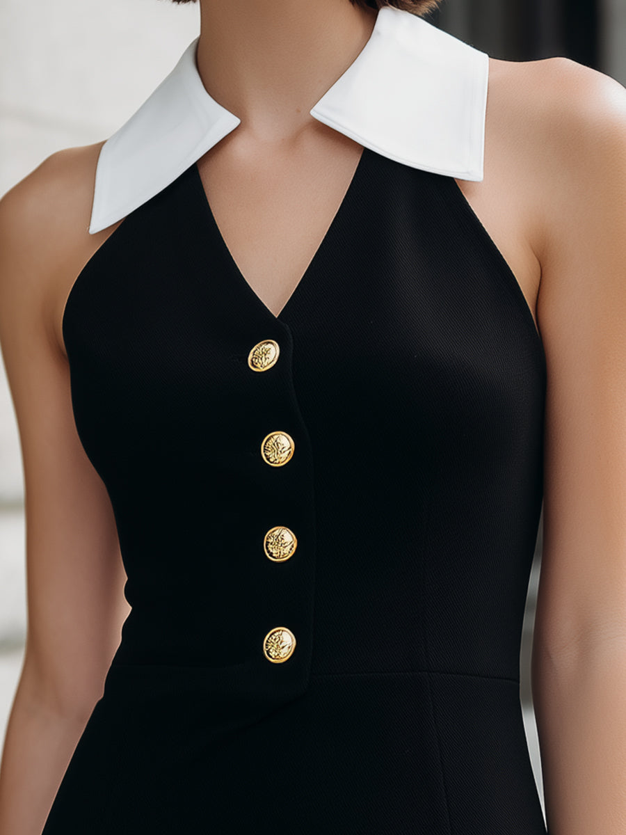 Black Sleeveless Halter Mini Dress With White Collar Detail ZJ
