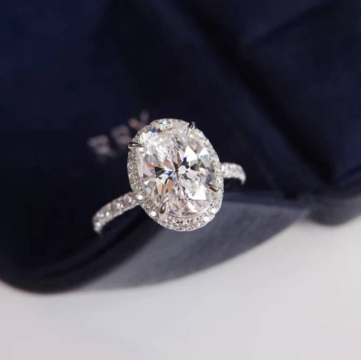 Oval Cut Halo Sterling Silver Engagement Ring Shineofdiamond