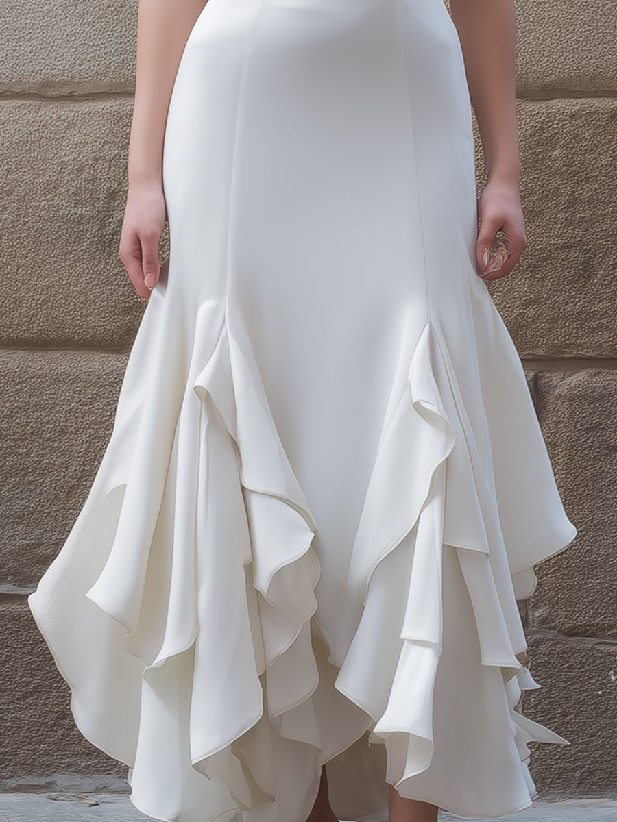 White Ruffled Hem Midi Gown With Structured V-Neck Bodice ZJ