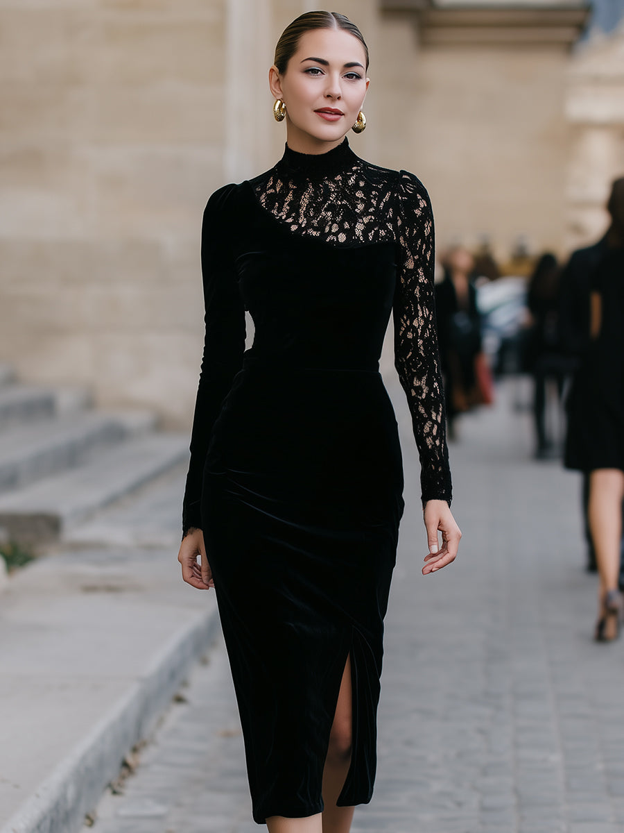 High-Neck Lace Panel Velvet Midi Dress HWT