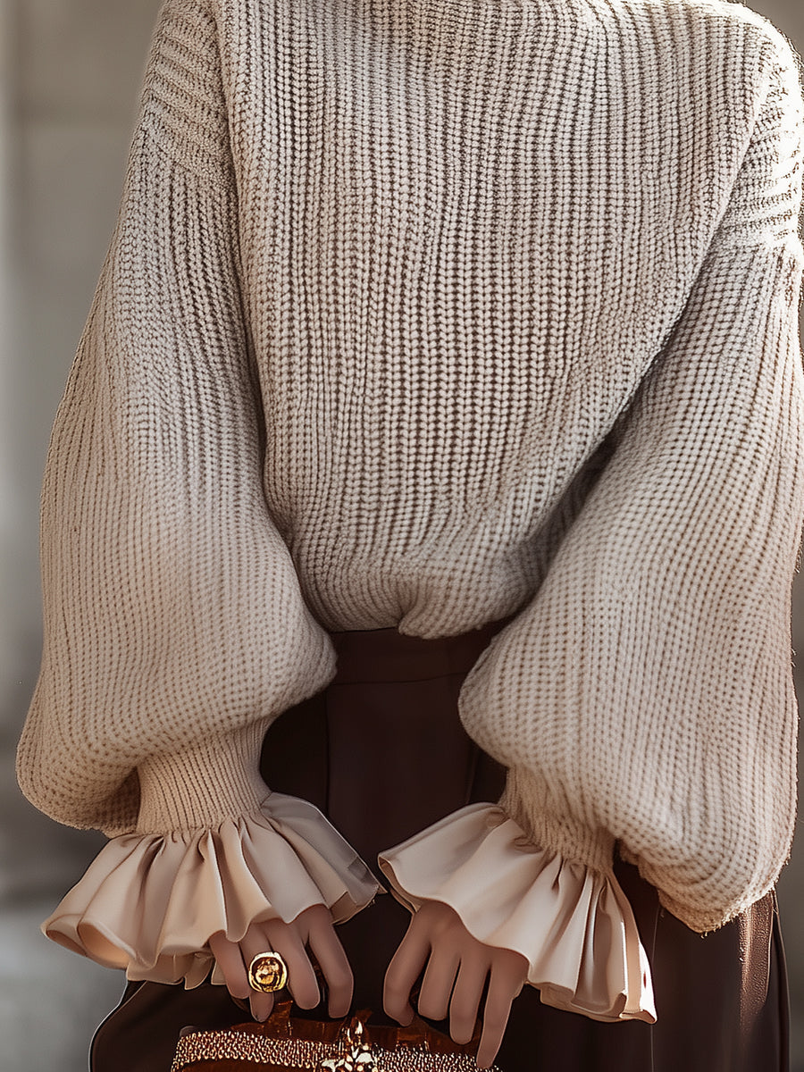 Cream Knit Turtleneck Sweater With Ruffled Cuffs XYS