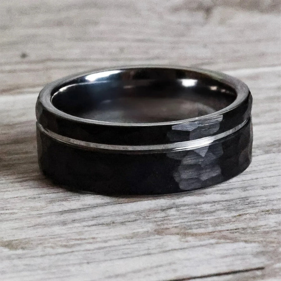 Hammered Black Tungsten Carbide Minimalist Men's Wedding Band Juluro