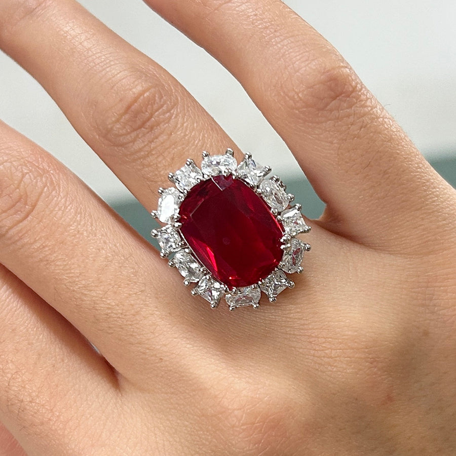 Size 5.5 | Sparkling Halo Ruby Cushion Cut Party & Engagement Ring Shineofdiamond