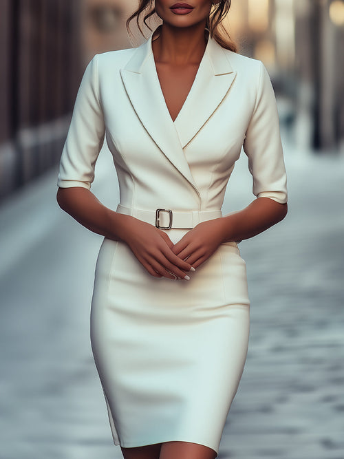 Sophisticated White Tailored Blazer Dress with Belt ZJ