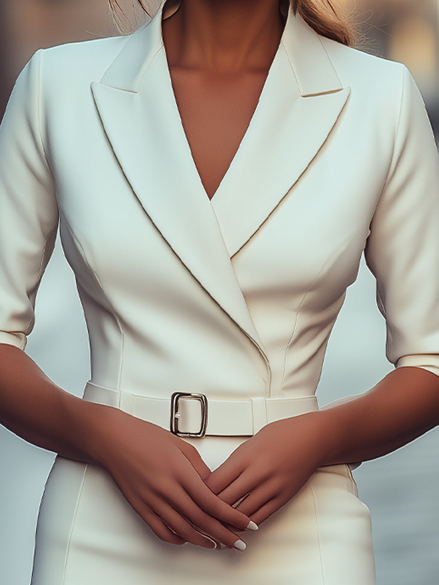 Sophisticated White Tailored Blazer Dress with Belt ZJ