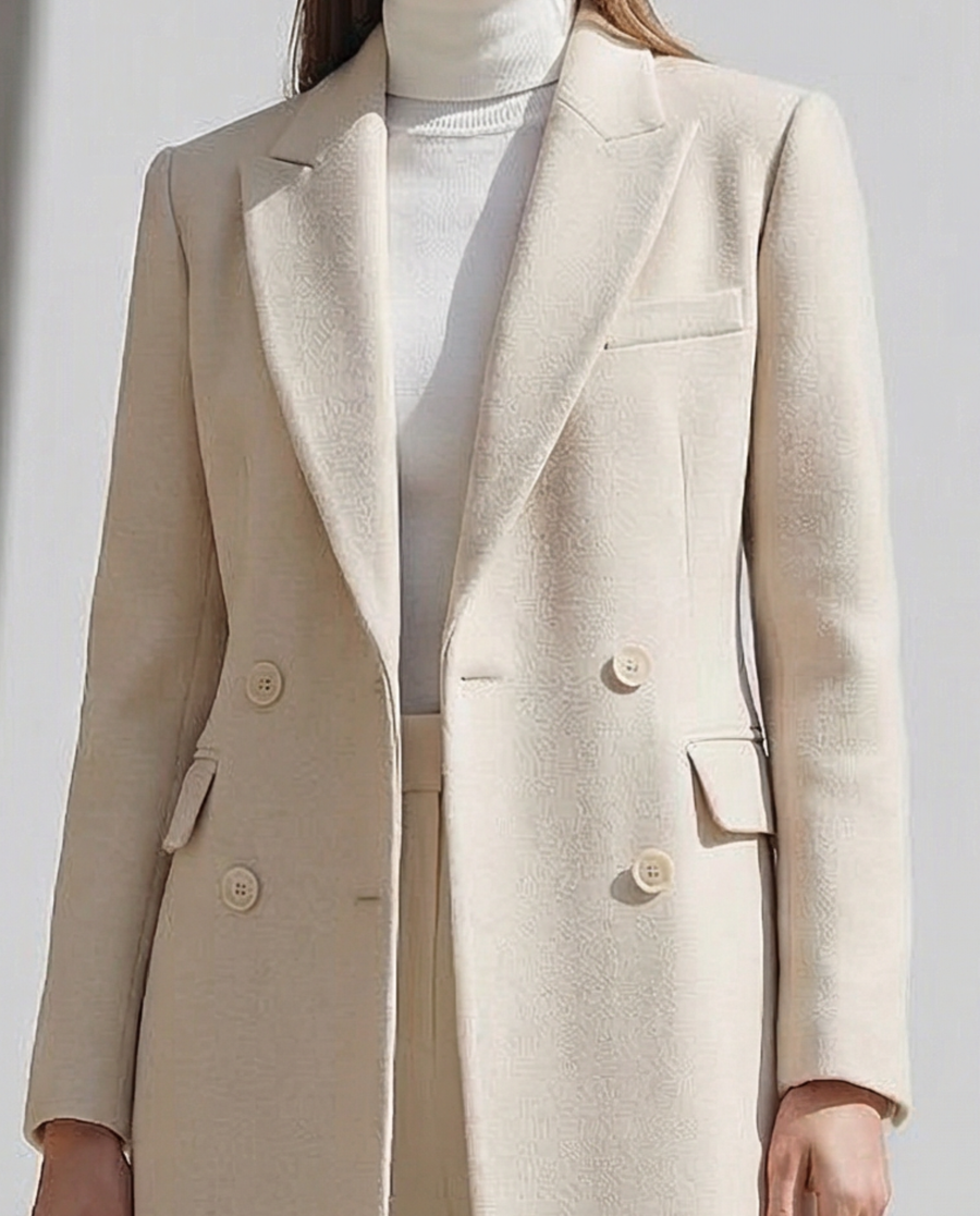 Elegant Cream Longline Blazer And Wide - Leg Pants Set