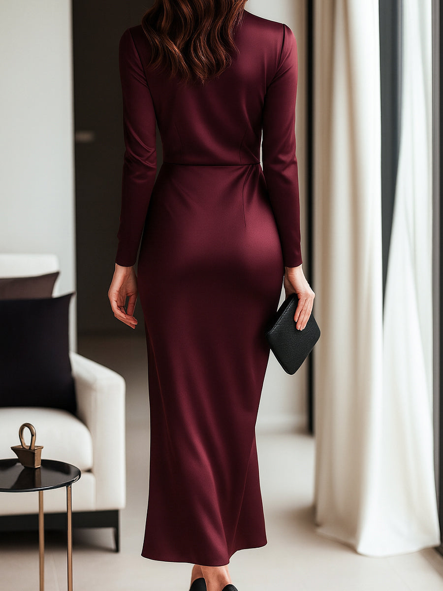 Timeless Burgundy Satin Wrap Dress with Waist Tie Detail ZJ